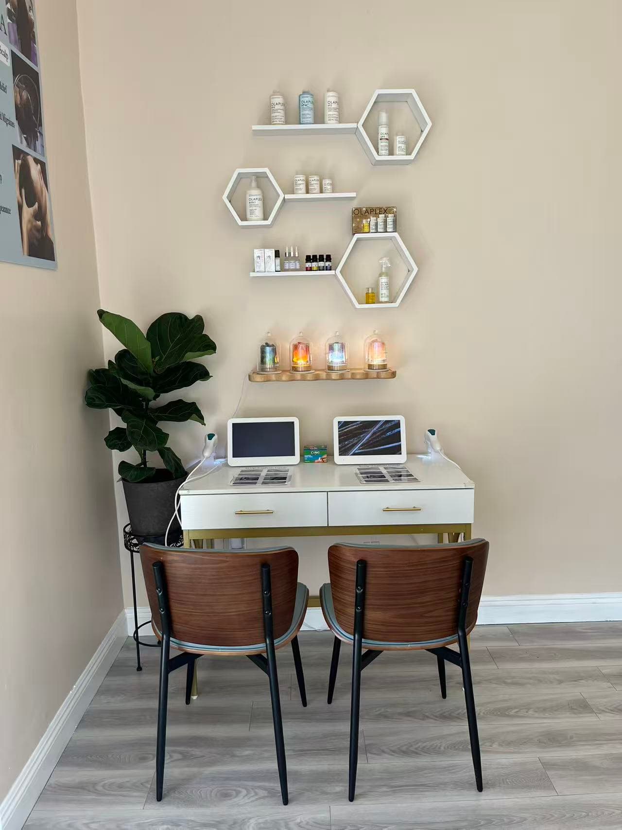 Scalp consultation station with Olaplex products and analysis screens